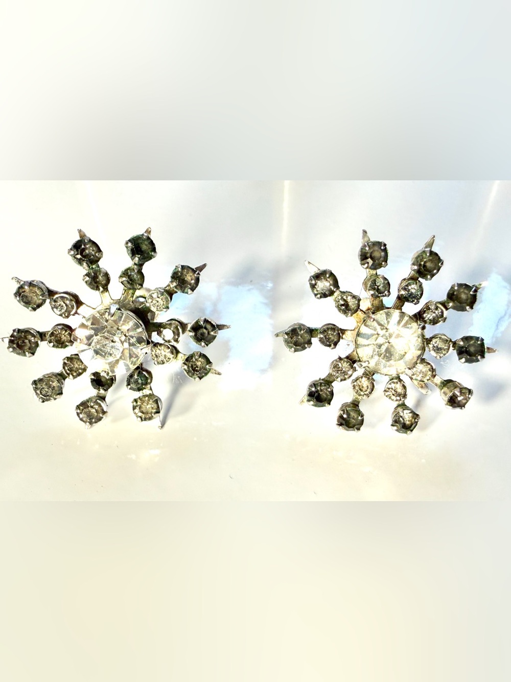 Vintage 1950s Signed Coro Starburst Silver Tone Rhinestone Screw Back Earrings